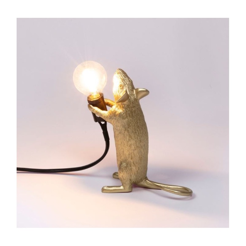 SELETTI Mouse Lamp Gold Standing/Step Black Cable