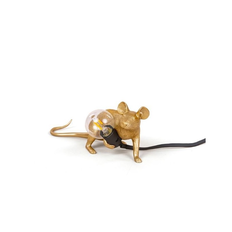 SELETTI Mouse Lamp Gold Lie Down/Lop Black Cable