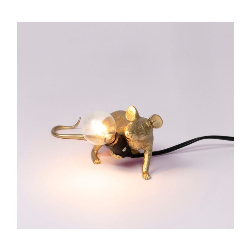 SELETTI Mouse Lamp Gold Lie Down/Lop Black Cable